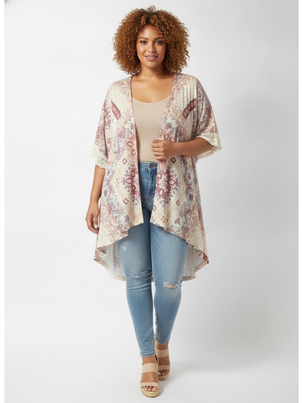 Eyeshadow Boho Paisley Open Front Kimono Cardigan Plus Size